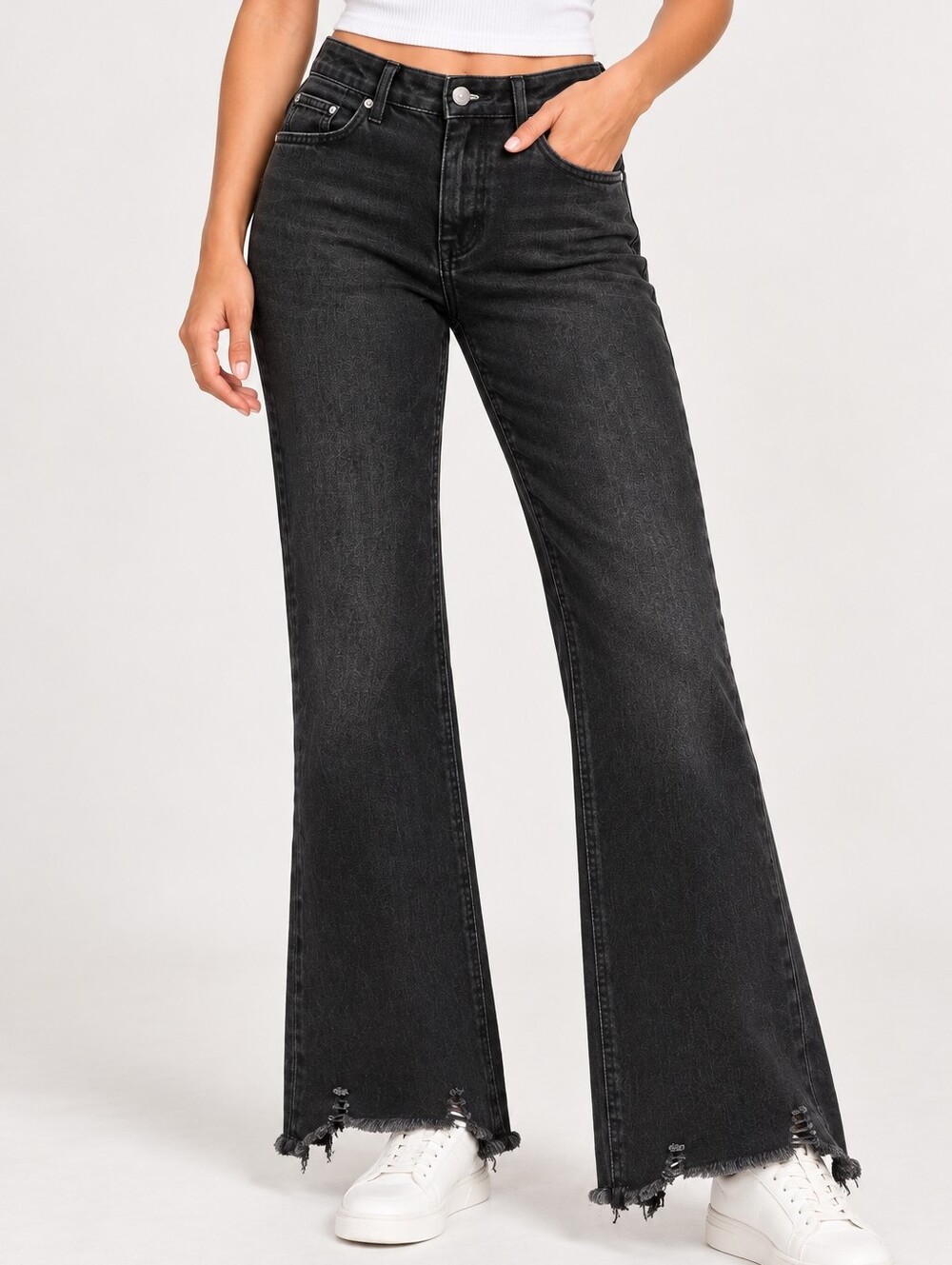 RISEN Black High Rise Wide Leg Jeans Distressed Hem Size 29
